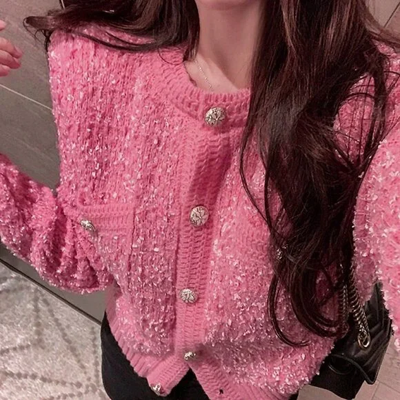 Pink Casual Women's Double Pocket Crew Neck Cardigan Tops - Picture 3 of 5